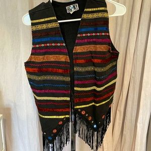 Vintage Vest w/ Color Fabric Strips & Fringe